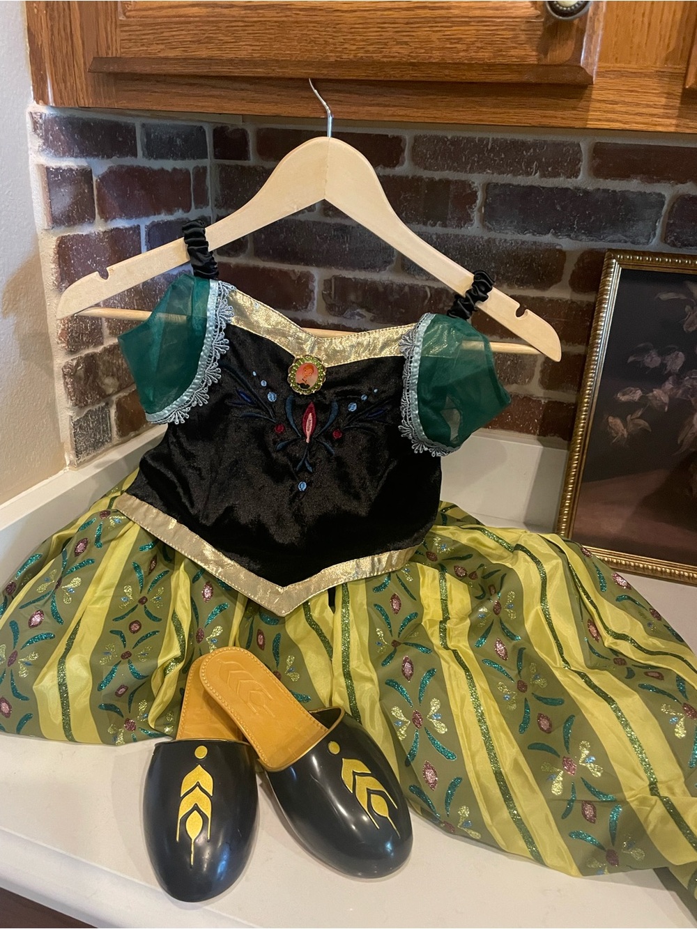 Disney Green and Black Anna Princess Dress with Gold Trim and Matching Shoes